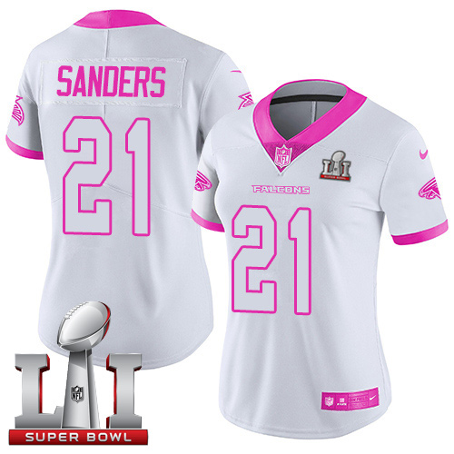 Nike Falcons #21 Deion Sanders White/Pink Super Bowl LI 51 Women's Stitched NFL Limited Rush Fashion Jersey